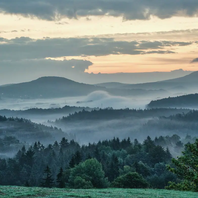 Neblina baixa sobre morros cobertos de mata ao amanhecer
